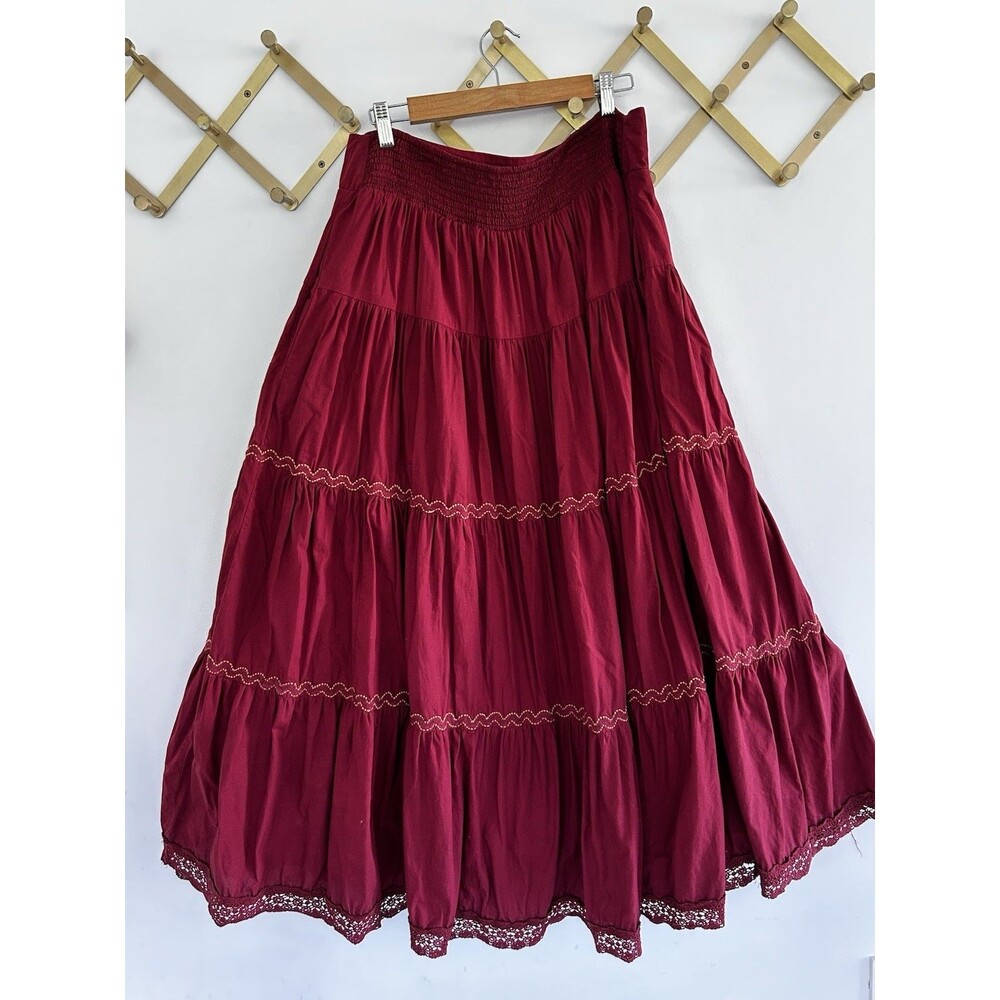 Anthropologie Tiered Lace Maxi Skirt Size XL Wine Burgundy Rodeo Boho Cowgirl - Picture 8 of 10